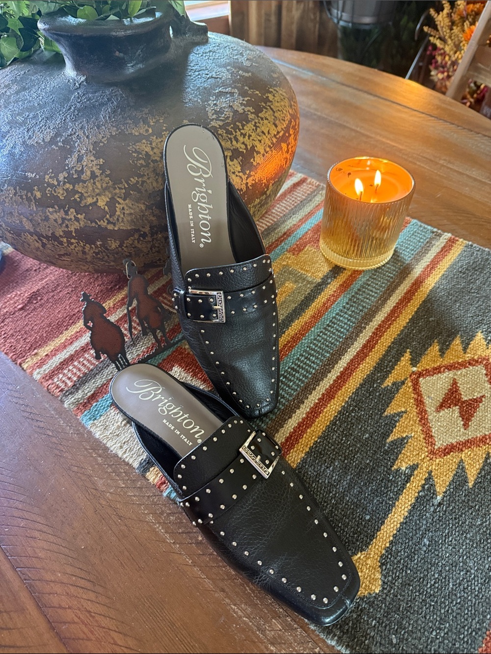 Brighton Black Studded Leather Slip-Ons - Picture 1 of 3